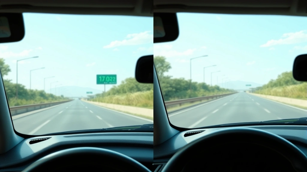 Side-by-side comparison visualization: highway fuel gauge showing full tank, eco-friendly green efficiency indicator, smooth road conditions, photorealistic modern car dashboard and windshield view