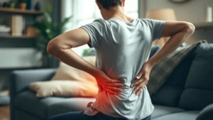 Person sitting on couch holding lower back in discomfort, warm lighting, natural window light, showing signs of digestive distress, peaceful home environment