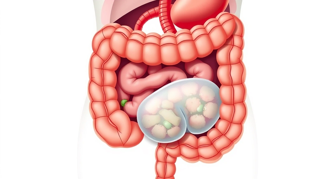 Cross-section illustration style showing digestive system with gas accumulation in colon, anatomical accuracy, soft medical illustration aesthetic, no text labels