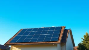 Rooftop solar panel array on residential home during sunny afternoon, photorealistic, clear blue sky, modern suburban house with panels covering south-facing roof, natural lighting showing panel efficiency, no text or labels visible