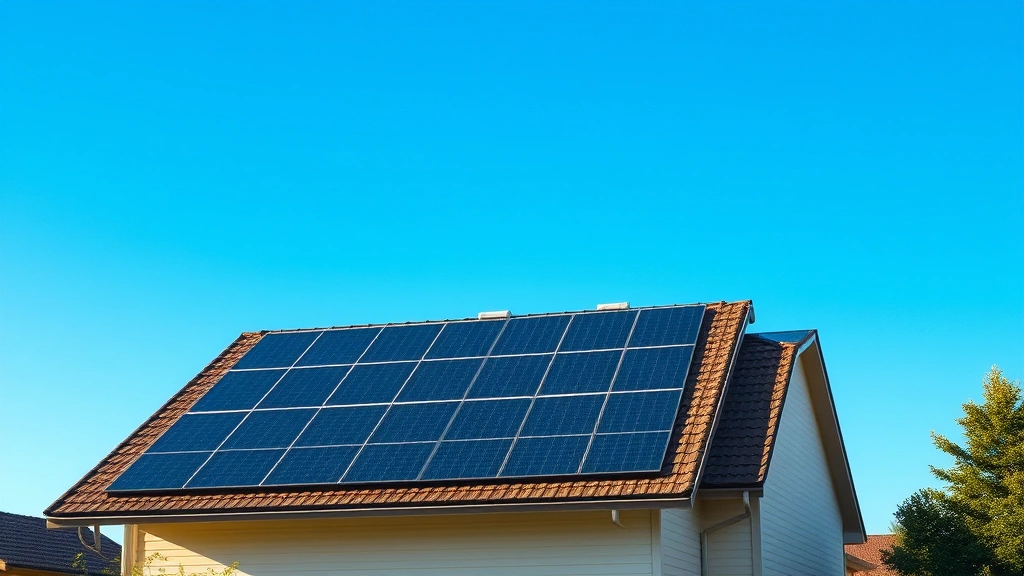 Rooftop solar panel array on residential home during sunny afternoon, photorealistic, clear blue sky, modern suburban house with panels covering south-facing roof, natural lighting showing panel efficiency, no text or labels visible