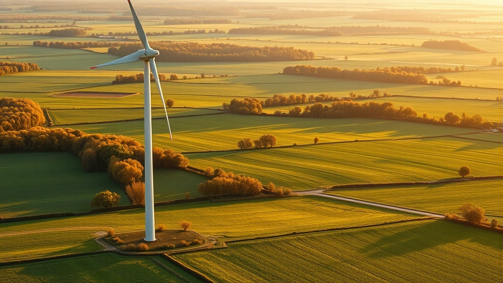 Wind turbine in rural landscape with green fields and trees, photorealistic, golden hour lighting, sustainable energy generation, natural environment, no signage or identifying marks, expansive countryside setting