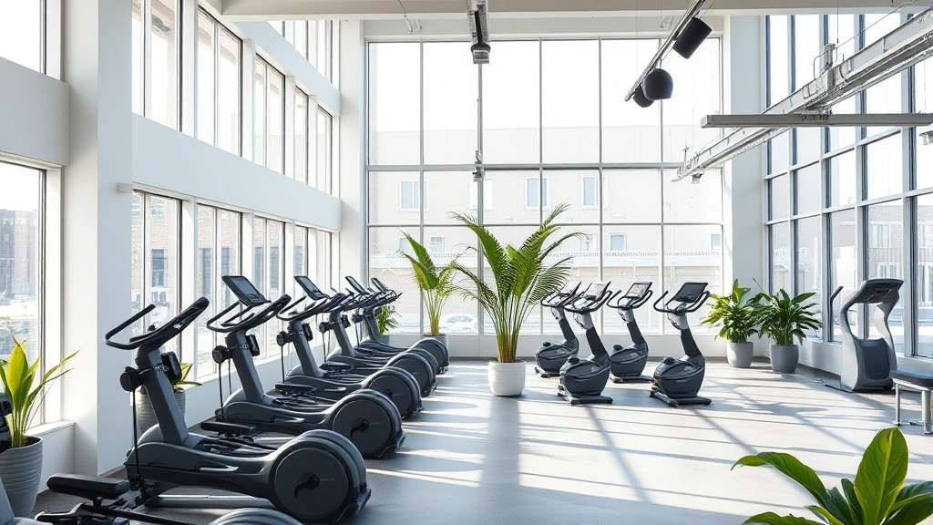 Modern gym facility interior showing cardio equipment area with large windows, natural light streaming in, potted green plants, minimalist design aesthetic, clean industrial architecture, no visible brand logos or text labels