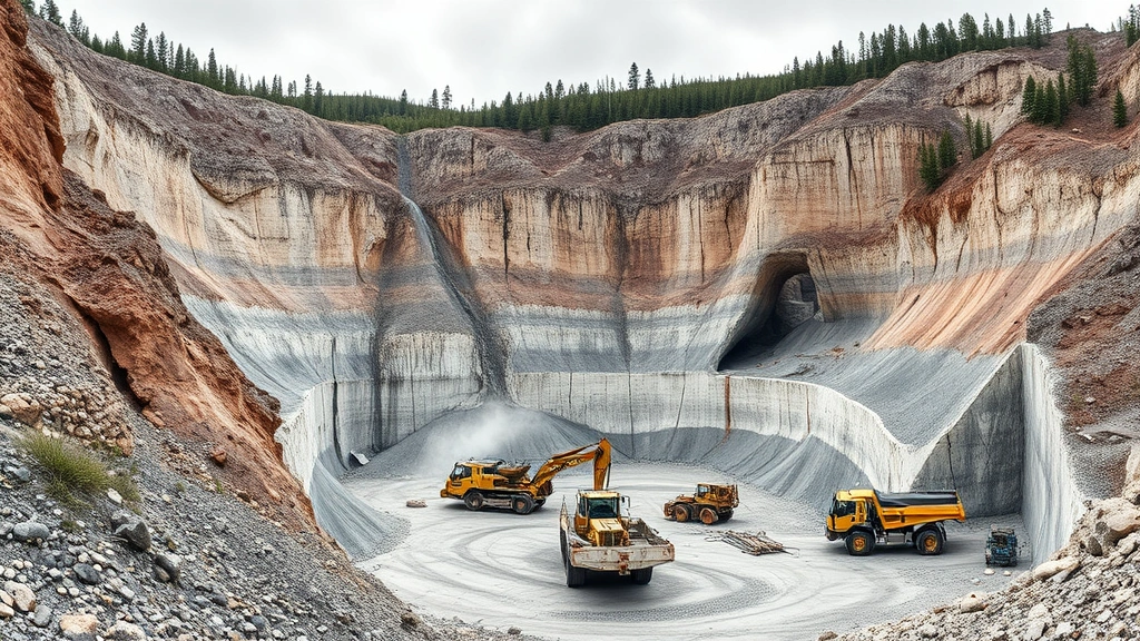 Limestone quarry with exposed white rock face and mining equipment, overcast sky, natural landscape disruption visible, photorealistic industrial mining scene
