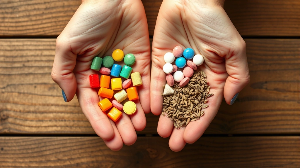 Hands holding colorful antacid tablets and natural plant-based alternatives like ginger root, fennel seeds, and herbs on wooden surface, natural lighting