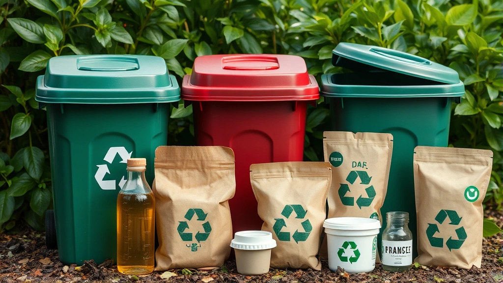 Recycling bins and compostable packaging materials including cardboard, glass, and plant-based containers arranged on sustainable background with green foliage