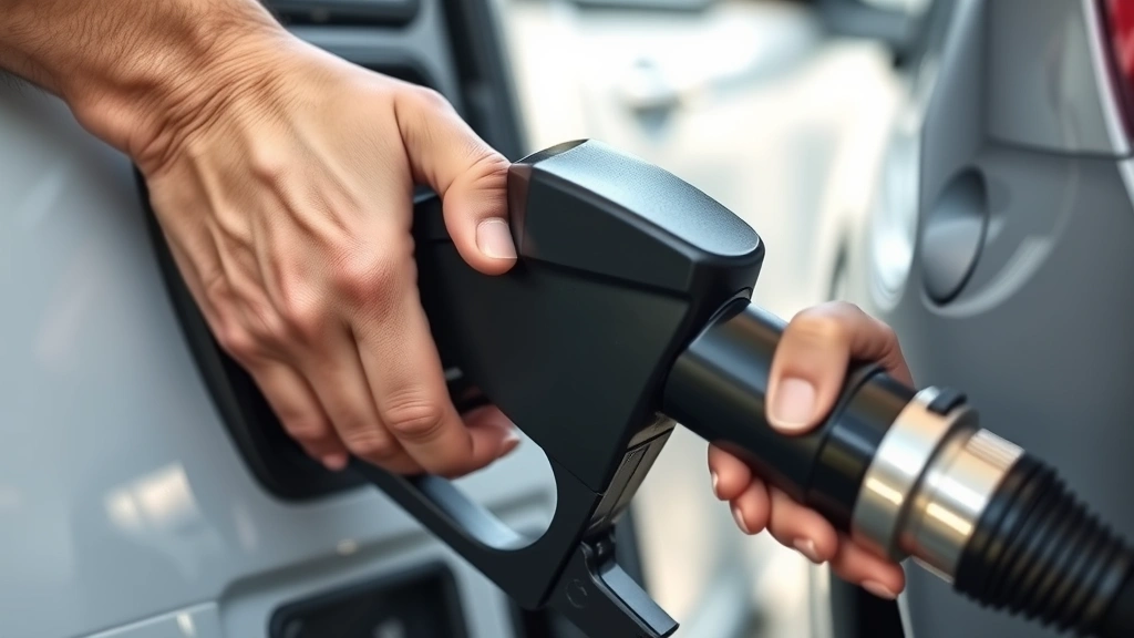 Close-up of fuel pump nozzle being safely inserted into vehicle fuel door, hands visible in proper fueling position, daytime lighting, professional appearance, no text or labels visible