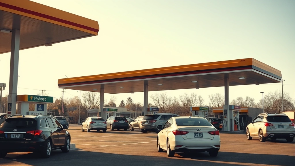 Wide shot of gas station forecourt with multiple vehicles refueling during daylight, showing safe practices being followed, clear sky conditions, no readable signage or text, photorealistic quality