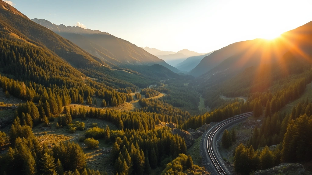Aerial view of a scenic mountain valley with winding train tracks, lush green forests, and a sustainable railway line passing through pristine wilderness landscape during golden hour