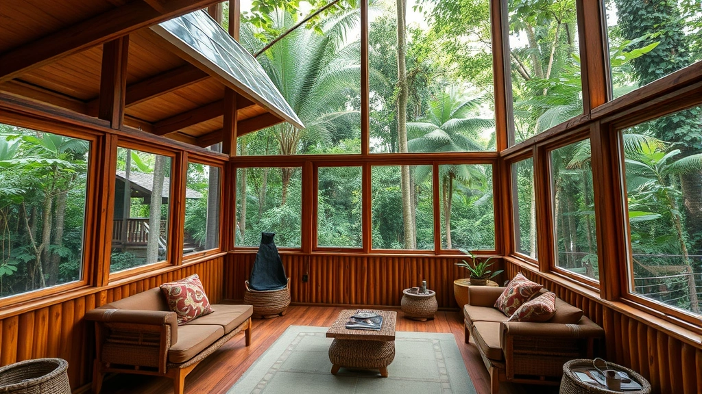 Cozy eco-lodge interior with natural wood construction, solar panels visible on roofline, recycled materials furniture, and large windows overlooking tropical rainforest canopy