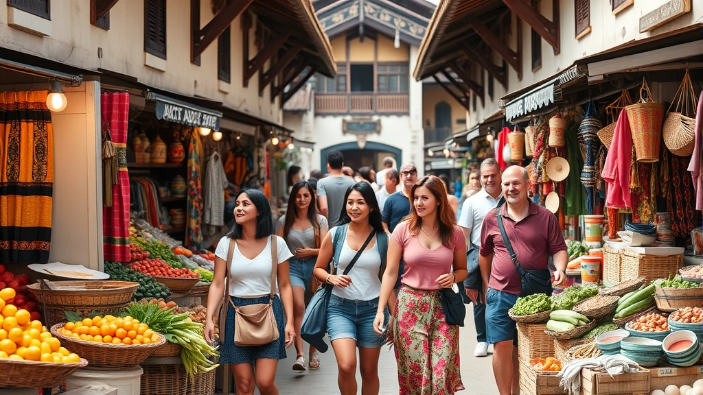 Group of diverse travelers walking through vibrant local market with traditional architecture, purchasing fresh produce and handmade crafts directly from community artisans and vendors