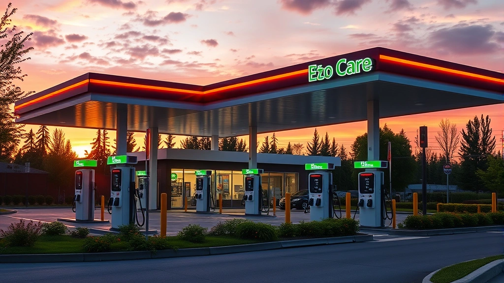Modern Canadian gas station at sunset with electric vehicle charging stations visible, eco-friendly architecture, green landscaping, no signage text visible, photorealistic