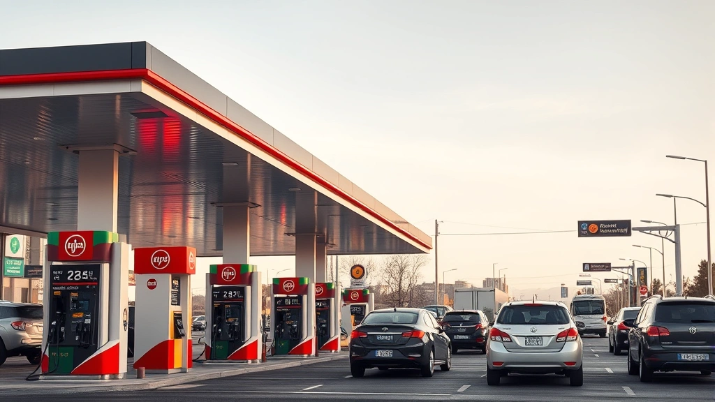 Busy urban fuel station with multiple pumps dispensing fuel, diverse vehicles refueling, clear sky, contemporary station design, no visible brand text or labels, photorealistic