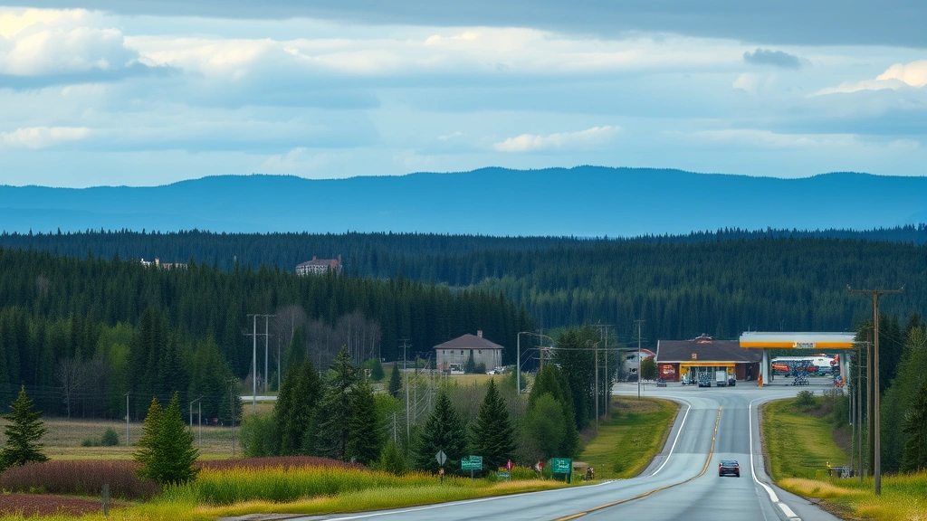 Rural Canadian landscape with service station in distance, forested area, highway perspective, sustainable infrastructure, natural lighting, no readable signage, photorealistic