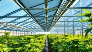 Modern sustainable cannabis greenhouse with solar panels on roof, natural sunlight streaming through glass panels, lush green cannabis plants visible inside, clean facility design, no people, professional agriculture setting, daytime lighting