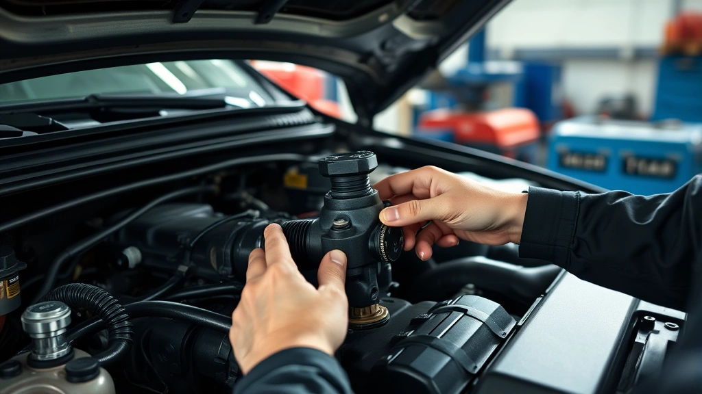 Close-up of mechanic hands inspecting fuel system components under vehicle hood, professional workshop setting, natural daylight, detailed mechanical work