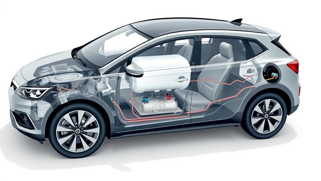 Cross-section diagram-style illustration showing fuel tank, fuel pump, and fuel lines in modern car, clean technical visualization, environmental focus
