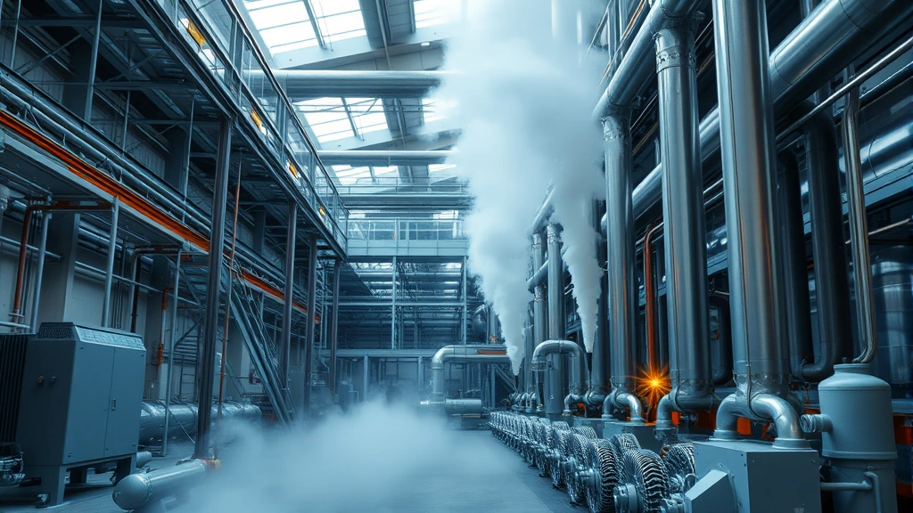 Industrial facility with visible heat recovery pipes and steam rising, showing cascade energy utilization in modern manufacturing plant with metal equipment and thermal insulation, photorealistic industrial setting