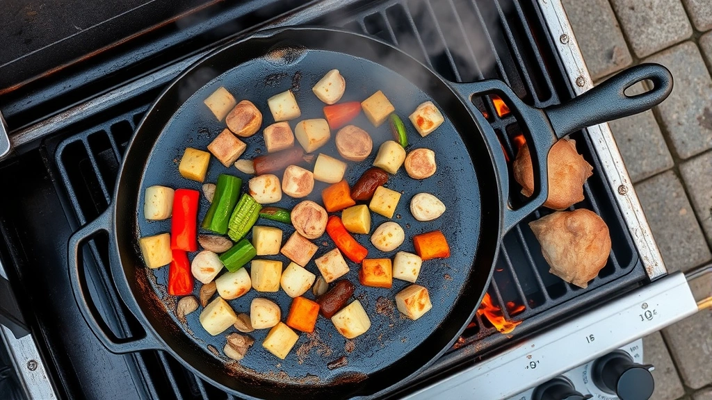 Overhead view of cast iron griddle sizzling with vegetables and proteins on active gas grill, steam rising, showing heat distribution and professional cooking setup in outdoor setting