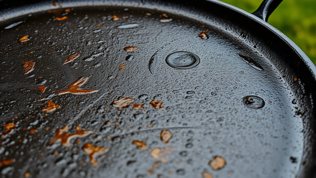 Close-up of well-seasoned dark cast iron griddle surface with glossy patina, showing texture and quality craftsmanship, natural outdoor lighting highlighting the finish