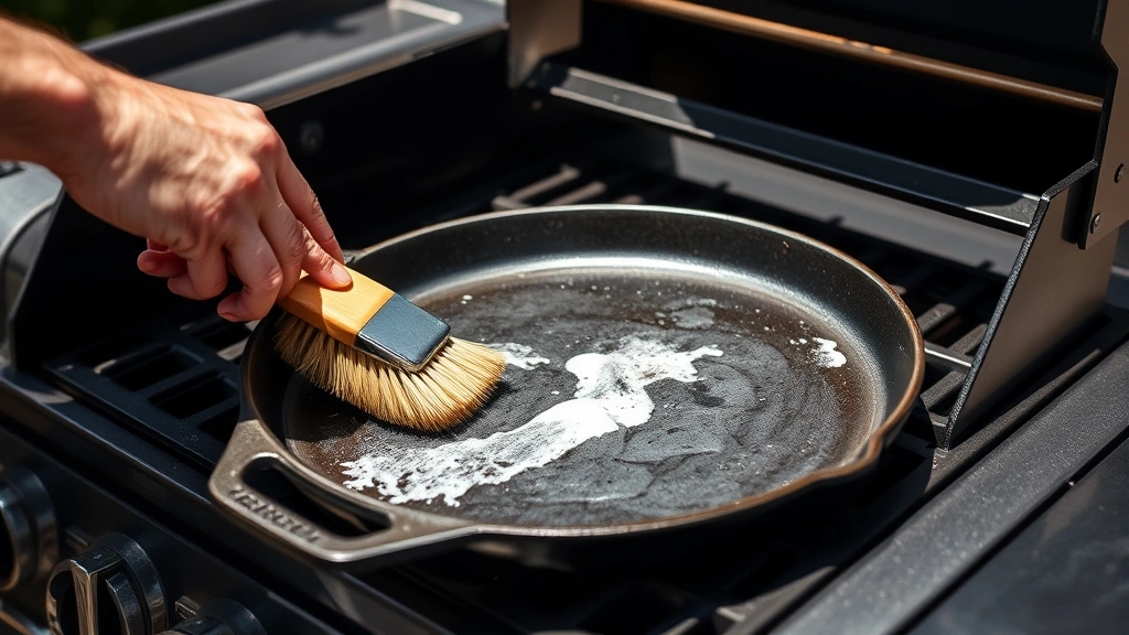 Cast iron griddle being cleaned and maintained with natural bristle brush and cloth near gas grill, demonstrating proper care techniques in sunny backyard environment