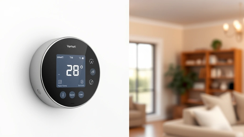 Photorealistic image of a modern programmable thermostat mounted on a white wall with a warm home interior visible in background, showing temperature display and smart controls