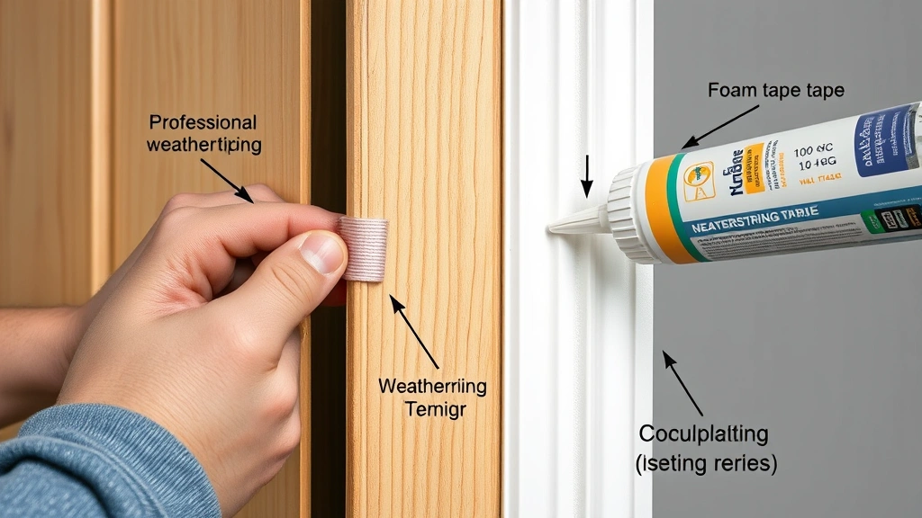 Photorealistic photograph of professional weatherstripping being applied around a wooden door frame, showing foam tape and caulking materials with proper installation technique