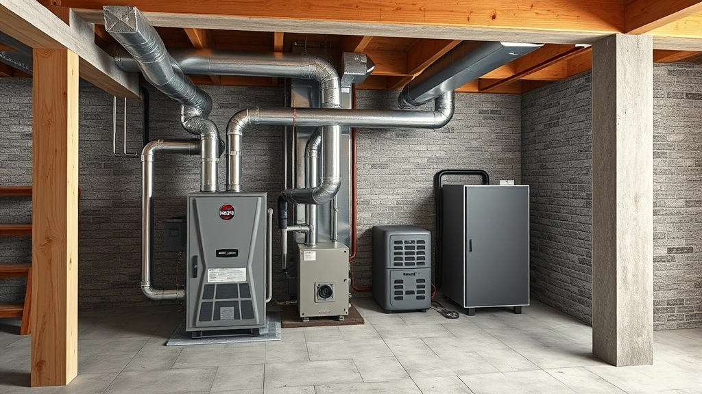 Photorealistic image of an energy-efficient furnace installation in a basement, showing modern HVAC equipment with ductwork and proper ventilation setup
