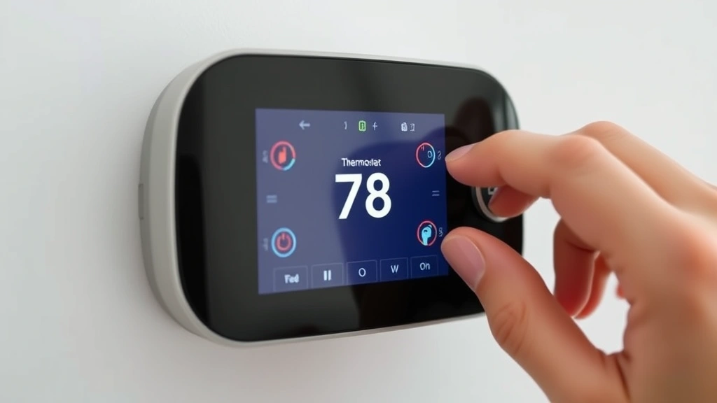 Close-up of programmable smart thermostat display showing temperature settings, hand adjusting dial, minimalist home interior with plants