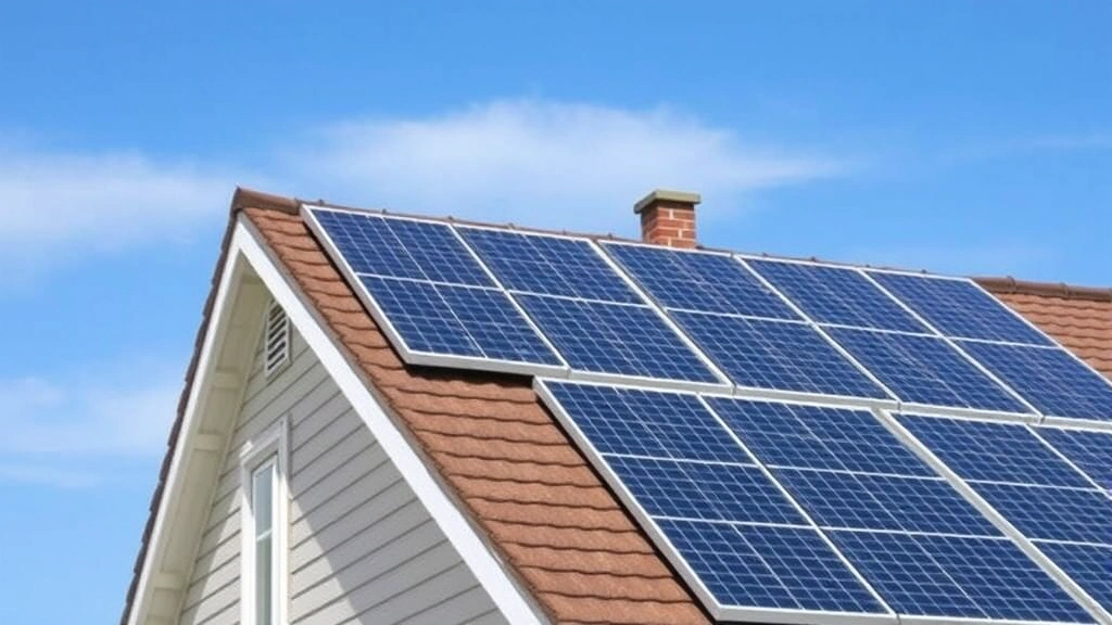 Solar panels installed on residential roof with blue sky background, sustainable home energy system, professional installation visible