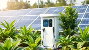Electric charging station with modern design surrounded by green plants and solar panels in background, clean minimalist aesthetic, daytime natural lighting, photorealistic