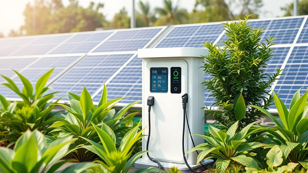 Electric charging station with modern design surrounded by green plants and solar panels in background, clean minimalist aesthetic, daytime natural lighting, photorealistic
