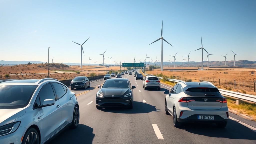 Highway scene showing mix of electric and conventional vehicles, renewable energy wind turbines visible in distant landscape, clear sunny day, photorealistic environmental contrast