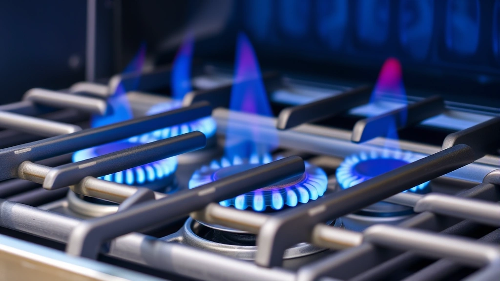 Professional stainless steel gas grill burner assembly with multiple ignition ports, bright blue flames visible, close-up detail showing quality construction and heat distribution design, outdoor setting