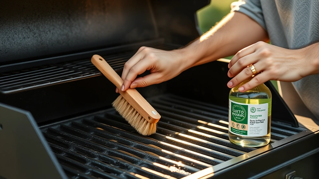 Eco-conscious person performing routine grill maintenance, cleaning cast iron grates with natural bristle brush, sustainable tools and eco-friendly cleaning products visible, morning sunlight