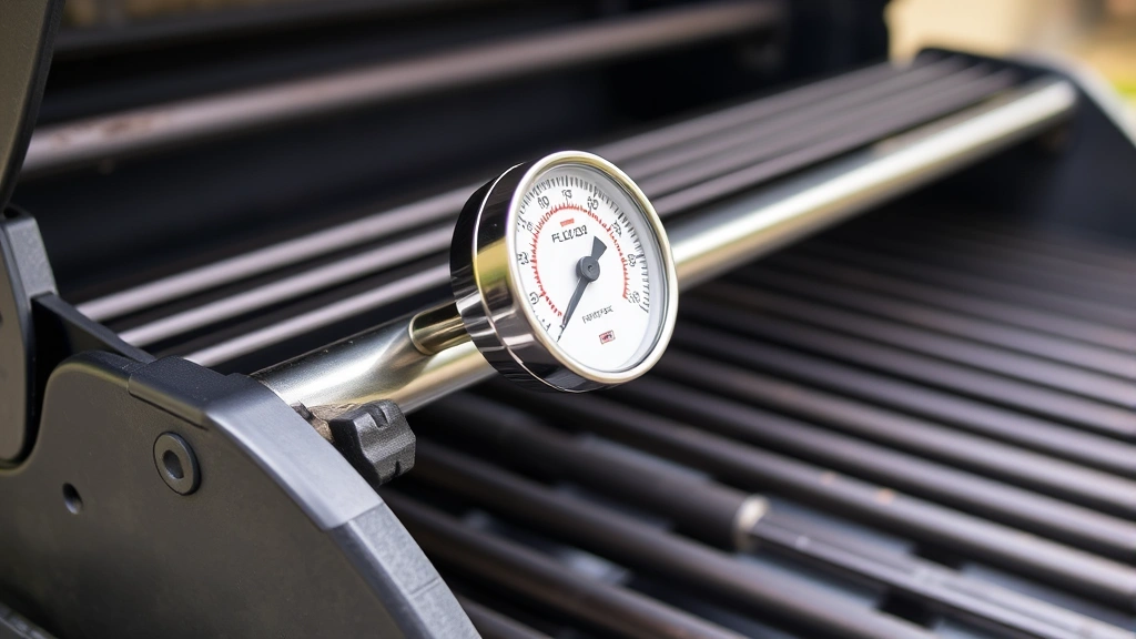 Detailed view of grill thermometer gauge mounted on grill exterior, temperature dial clearly visible, alongside grill components like flavorizer bars and grates, showing proper temperature monitoring setup