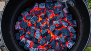 Overhead view of smoldering charcoal briquettes glowing red-orange in a kettle grill, showing natural fire and heat patterns, outdoor backyard setting, natural daylight, smoke wisping upward