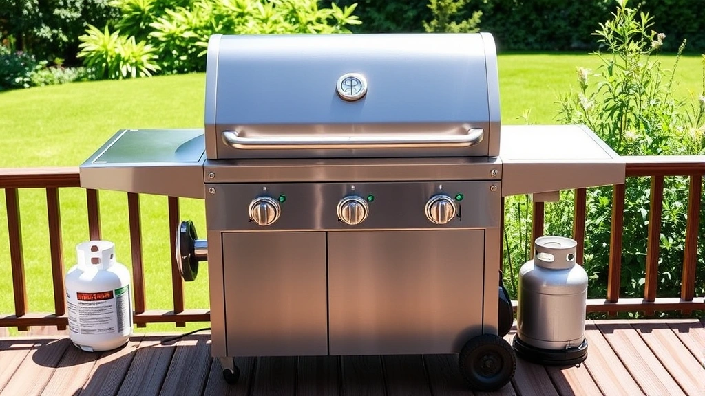 Modern stainless steel gas grill with three burners on a wooden deck, showing sleek design with closed hood, propane tank visible beside it, lush green garden background, bright sunny afternoon