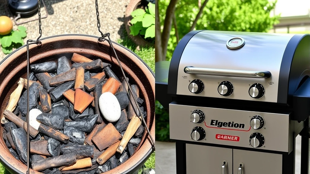 Split-screen comparison: left side shows charcoal grill with preparation materials and ash, right side shows gas grill with burner controls and ignition system, educational layout, natural lighting