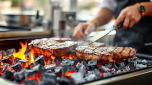 Professional chef grilling premium steaks over glowing charcoal briquettes, intense heat and flames visible, outdoor kitchen setting, daytime natural lighting, shallow depth of field