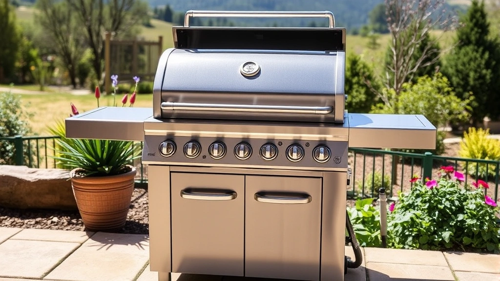 Modern stainless steel gas grill with multiple burners on a residential patio, natural landscape background, well-maintained garden surroundings, bright daylight conditions