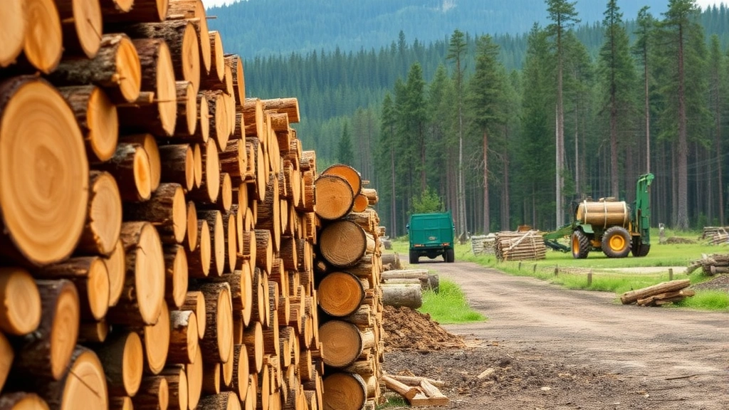 Sustainable forestry operation showing responsibly harvested hardwood logs stacked neatly, forest management landscape in background, ecological preservation visible, natural outdoor environment