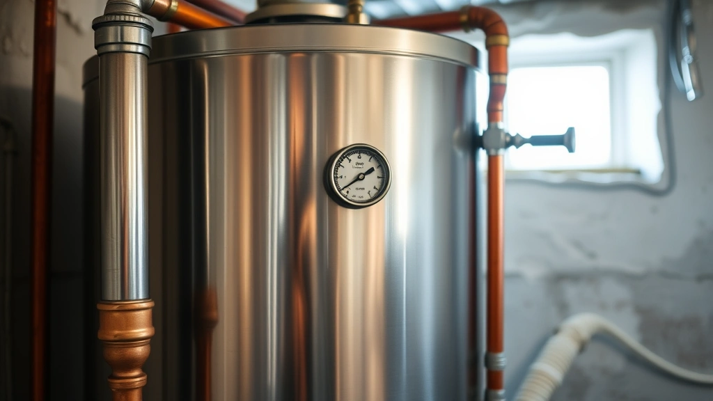Close-up of a 40-gallon stainless steel gas water heater tank in a basement setting with copper piping connections and temperature gauge visible, natural lighting from small window