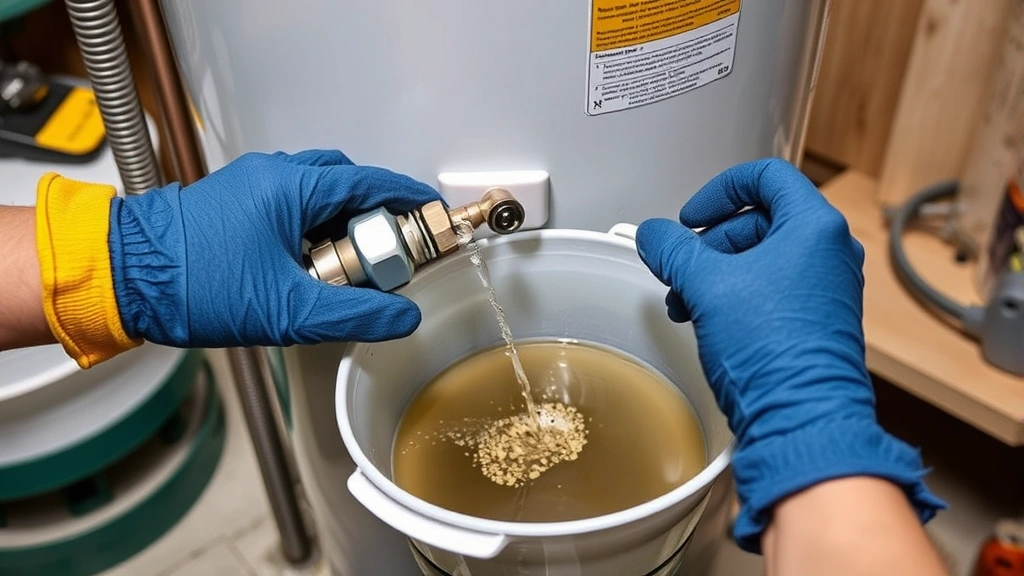 Hands wearing work gloves performing annual maintenance on a water heater, showing sediment being flushed from drain valve into a clear bucket, workshop environment