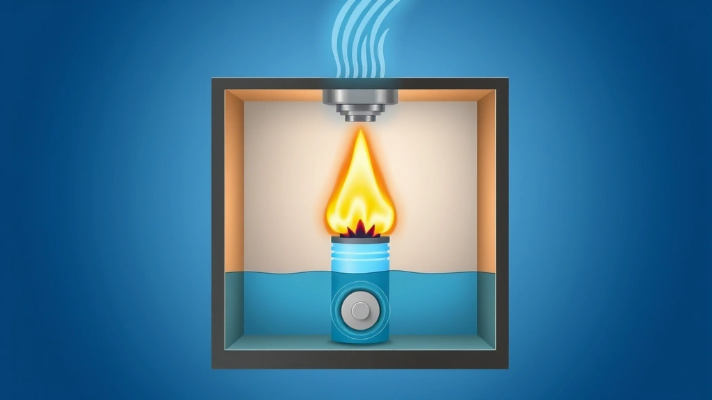 Interior cross-section diagram style photo of a gas water heater showing flame ignition at burner, hot water rising to top, and cold water inlet at bottom, educational demonstration setup