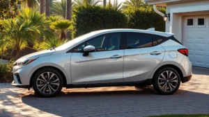 Modern compact sedan parked in residential driveway showing fuel-efficient design, sleek aerodynamic profile, morning sunlight, green landscaping background, no visible text or branding