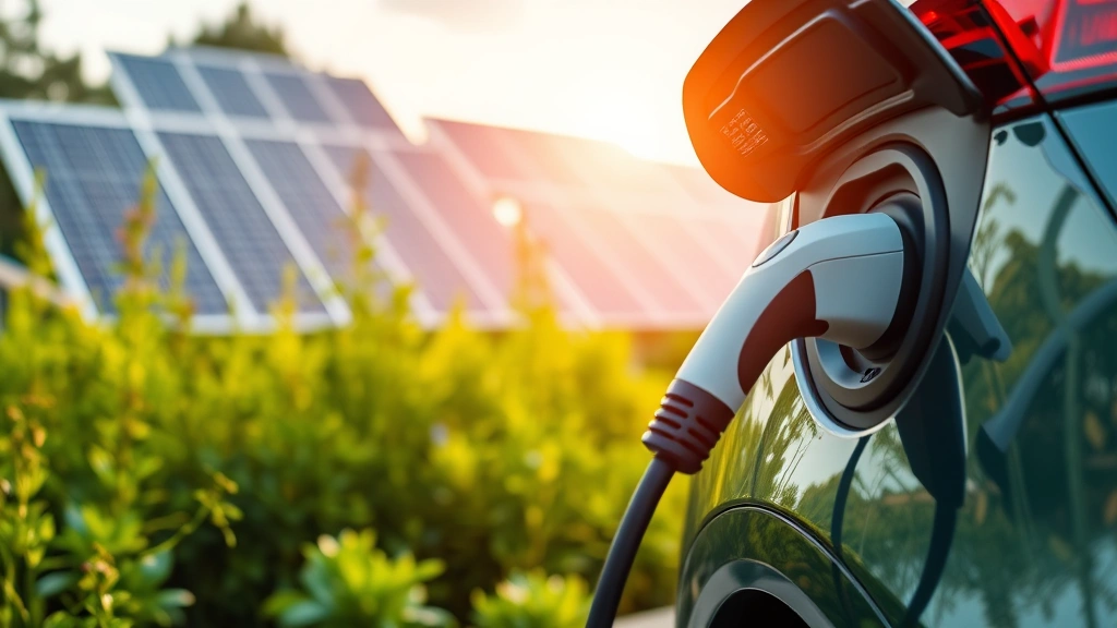Hybrid vehicle charging port detail with eco-friendly garden setting, renewable energy theme, solar panels visible in soft focus background, sustainable transportation infrastructure