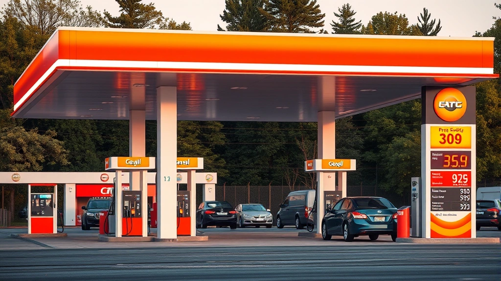 Photorealistic image of a modern gas station with multiple fuel pumps, bright signage displaying prices, and cars refueling during daytime, clean and well-maintained facility with trees in background