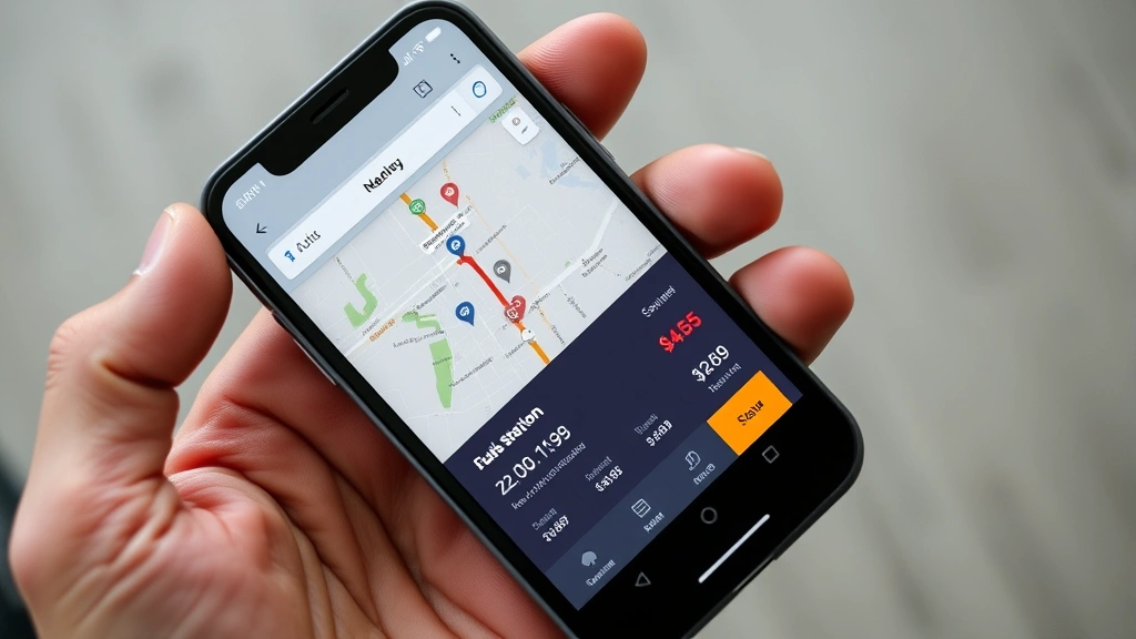 Overhead view of a smartphone displaying a fuel price tracking app interface with map, nearby gas station locations, and price comparisons highlighted, hand holding phone