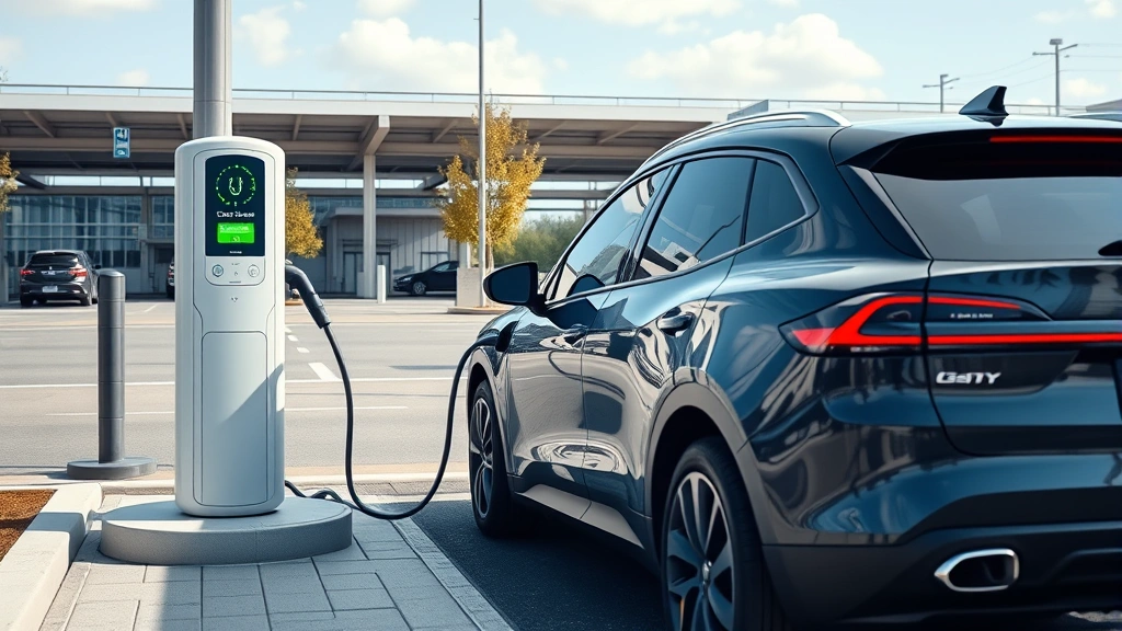 Photorealistic image of an electric vehicle charging at a public charging station with green energy indicators, modern infrastructure, and urban parking lot setting in natural daylight
